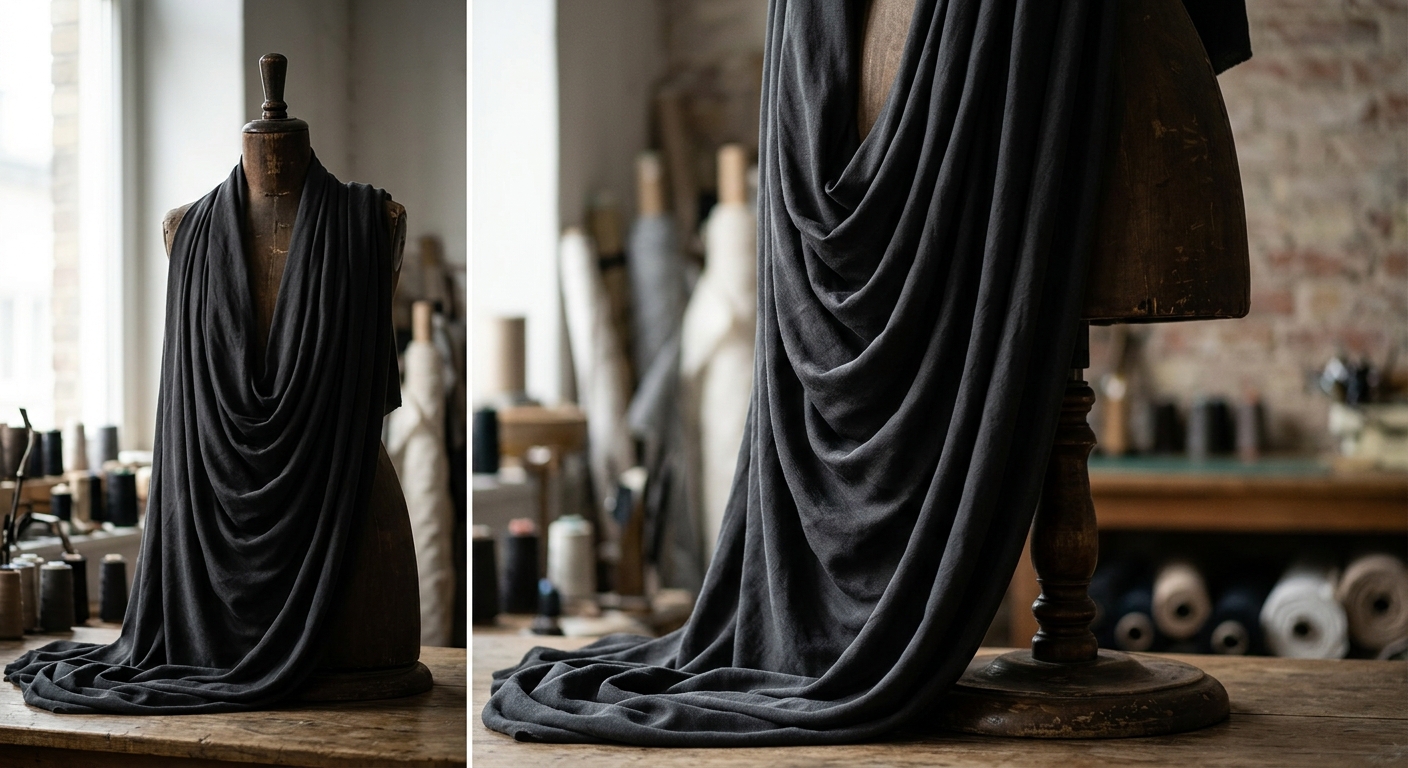 Viscose fabric draped over a dress form showing deep cascading folds