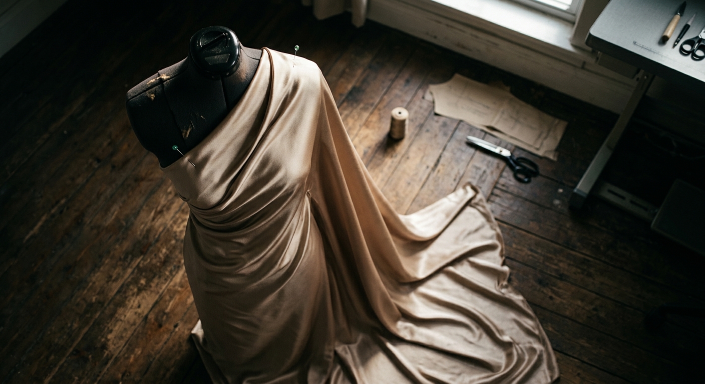 Satin fabric cut on the bias draped over a dress form