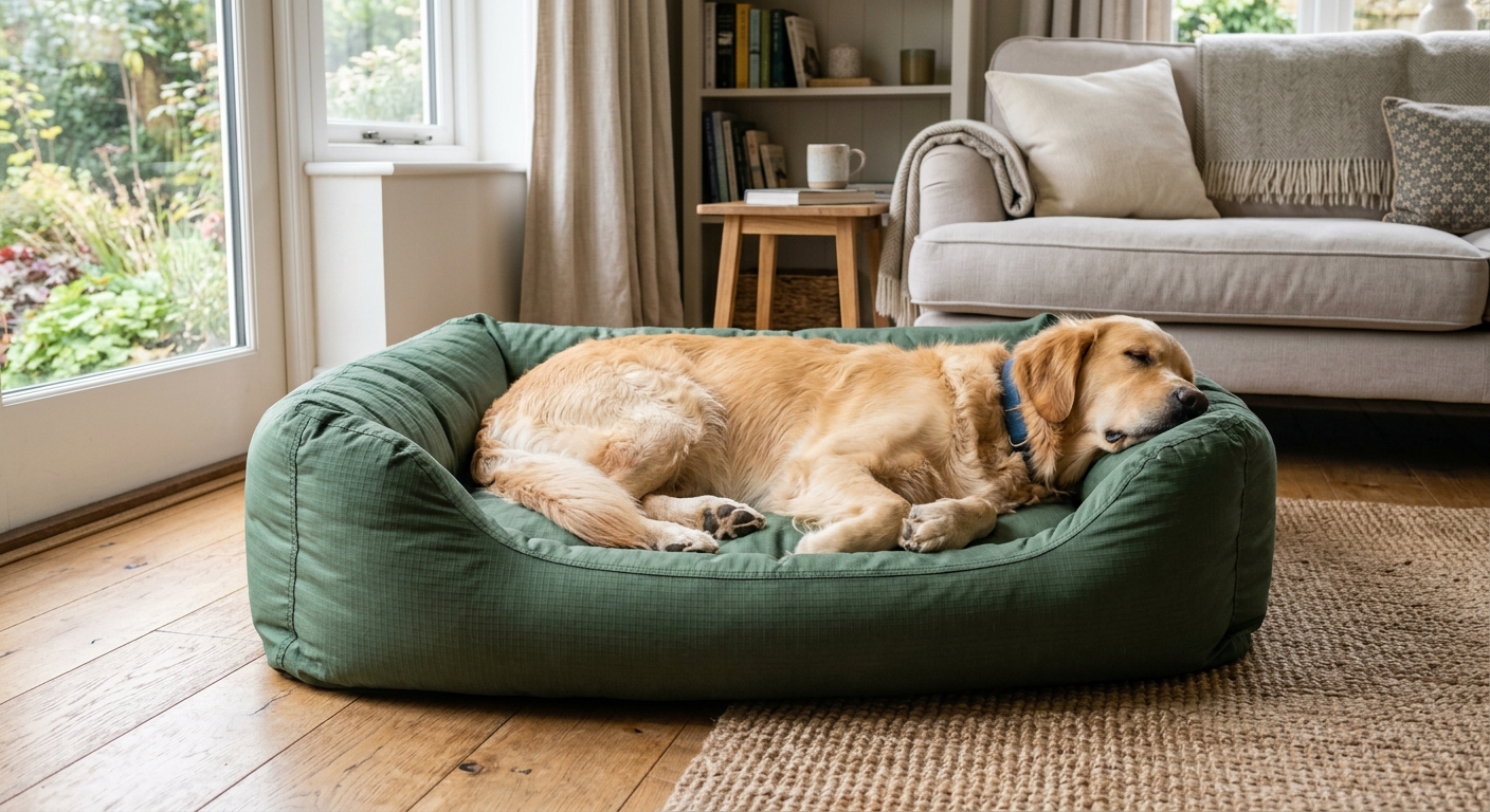 Dog bed with durable ripstop fabric cover in a home setting