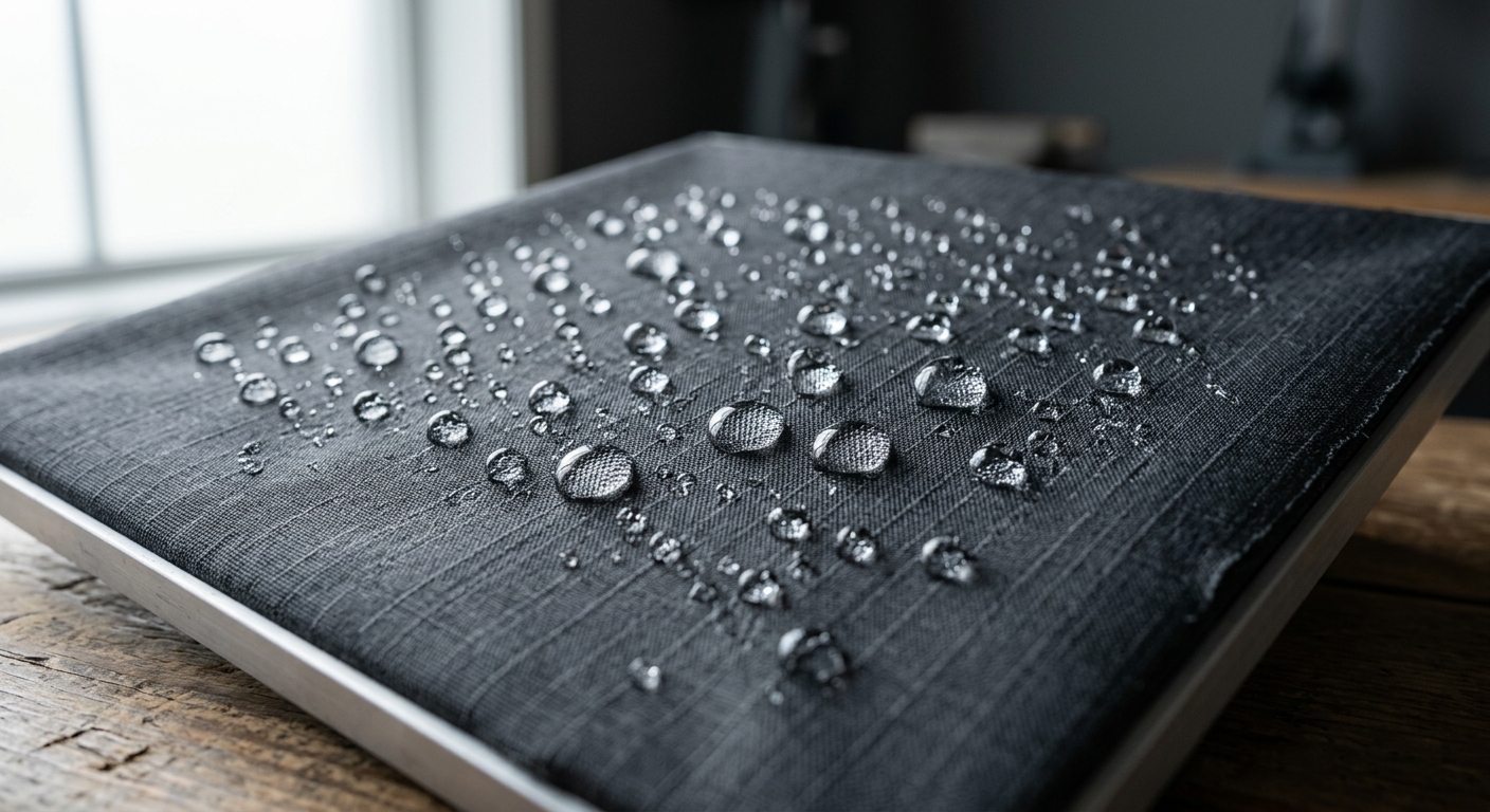 Water droplets beading on waterproof breathable fabric for pet crate pads