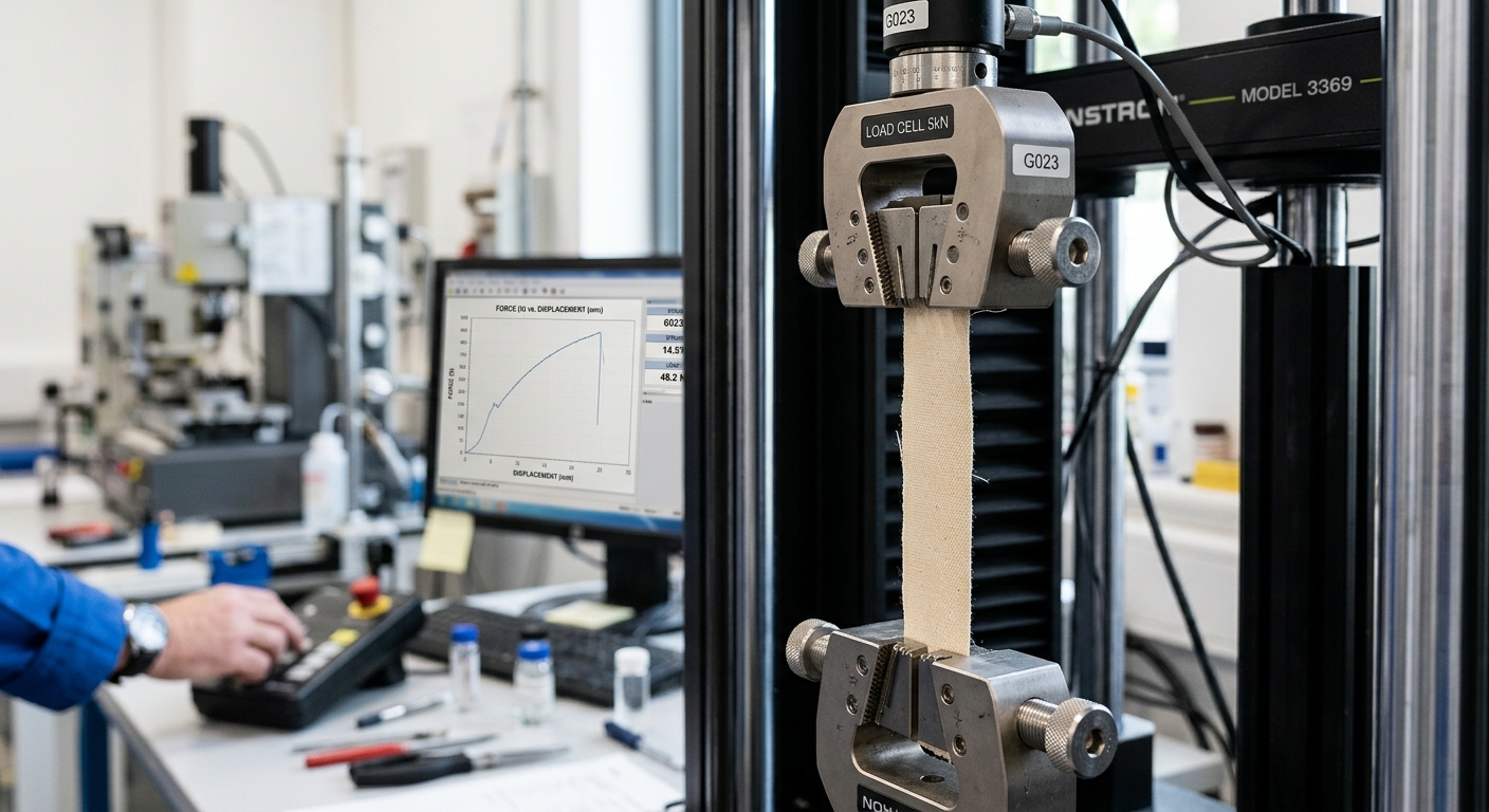 Tensile strength testing of cotton fabric sample in lab