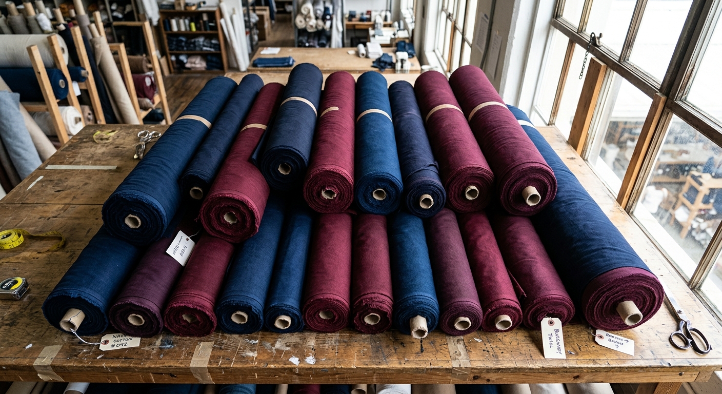 Rolls of deeply saturated dyed cotton fabric in warehouse