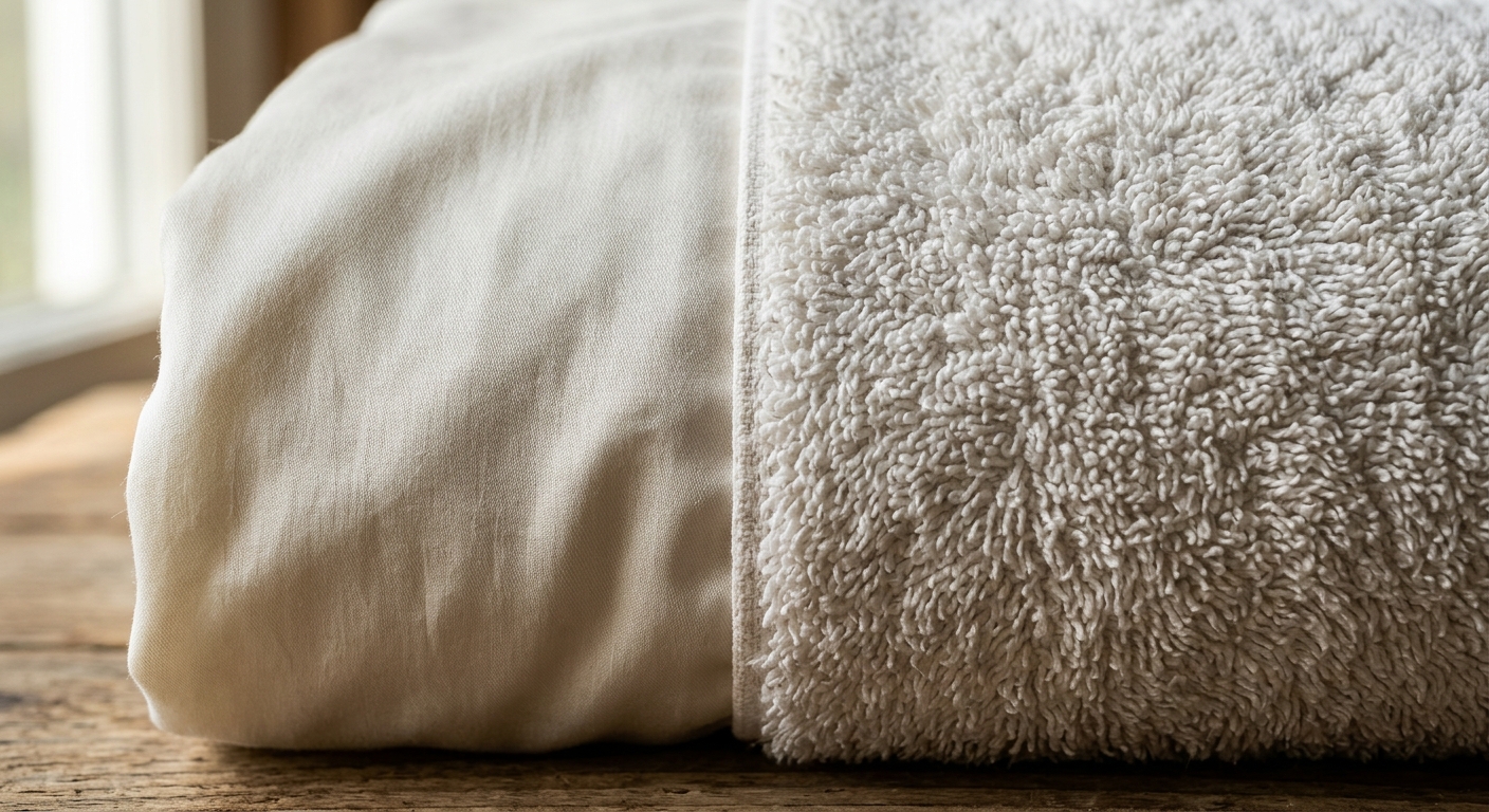 Texture comparison between smooth sateen cotton and fluffy terry cloth