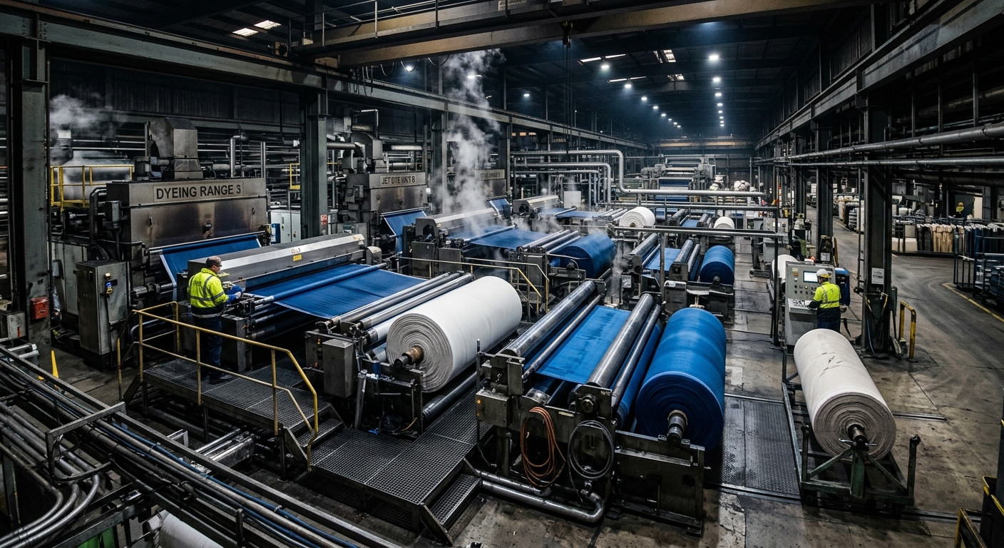 Industrial textile dyeing production line with large fabric rolls