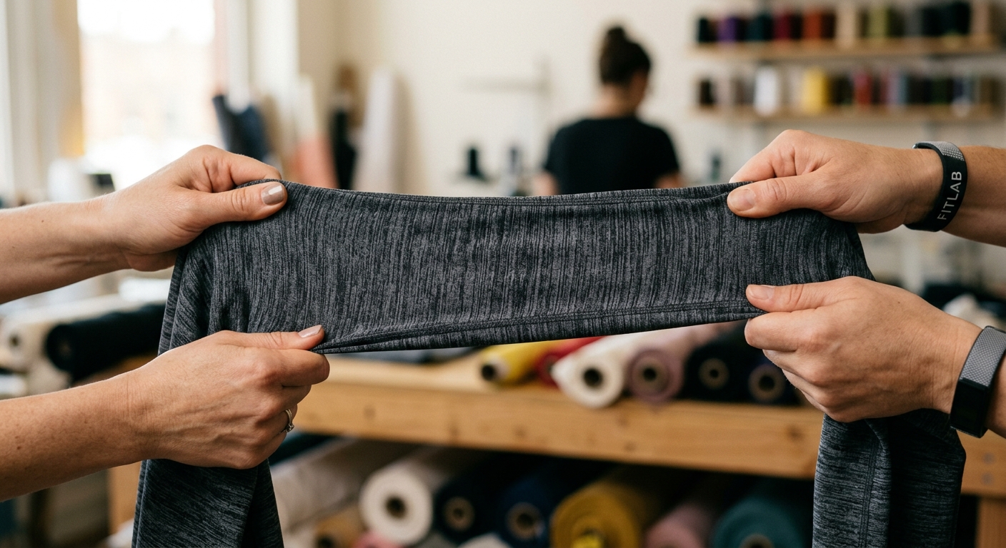 Stretch activewear fabric being tested by hand for elasticity and recovery