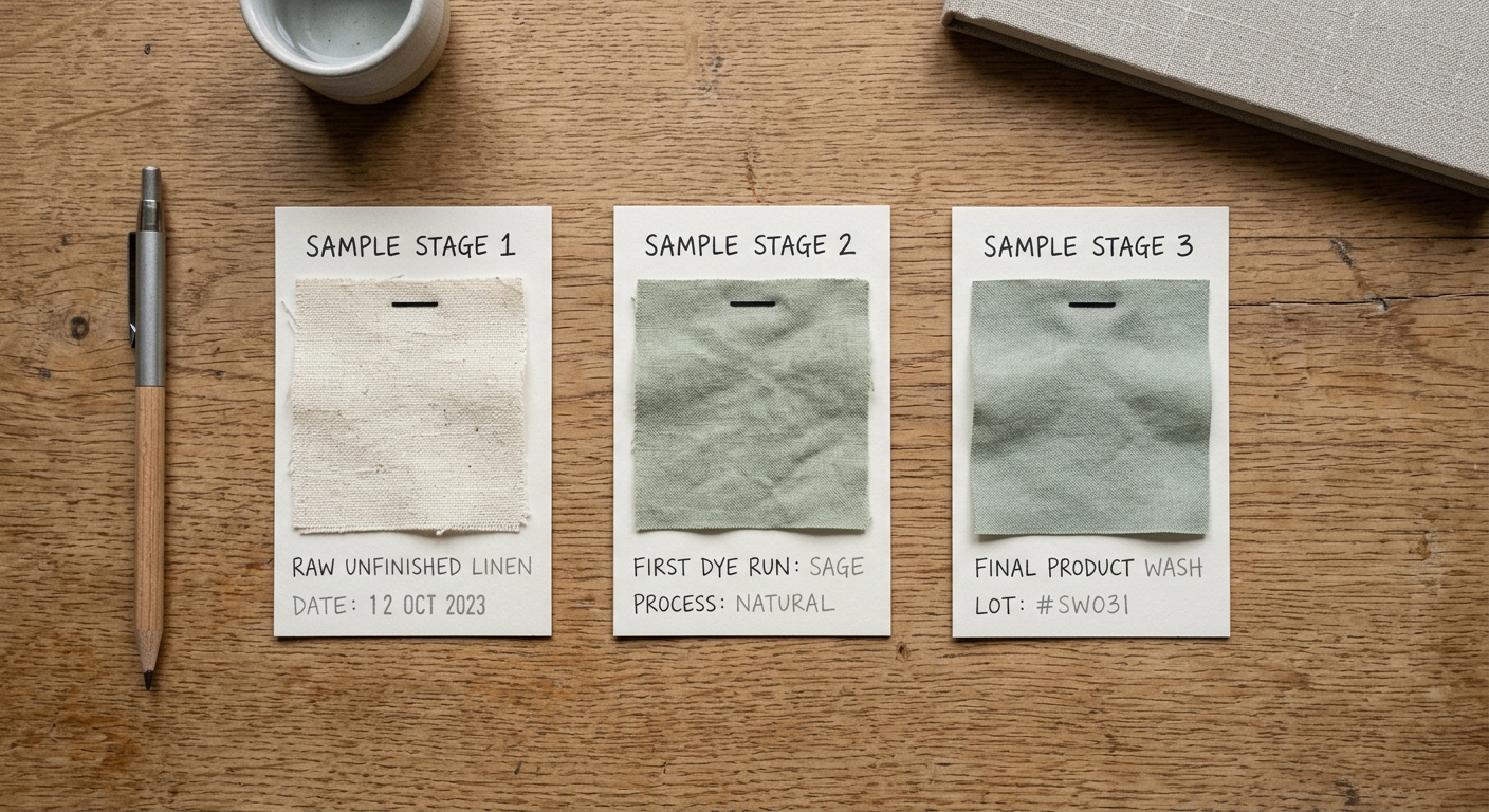 Three labeled fabric swatch cards representing design, lab dip, and pre-production samples