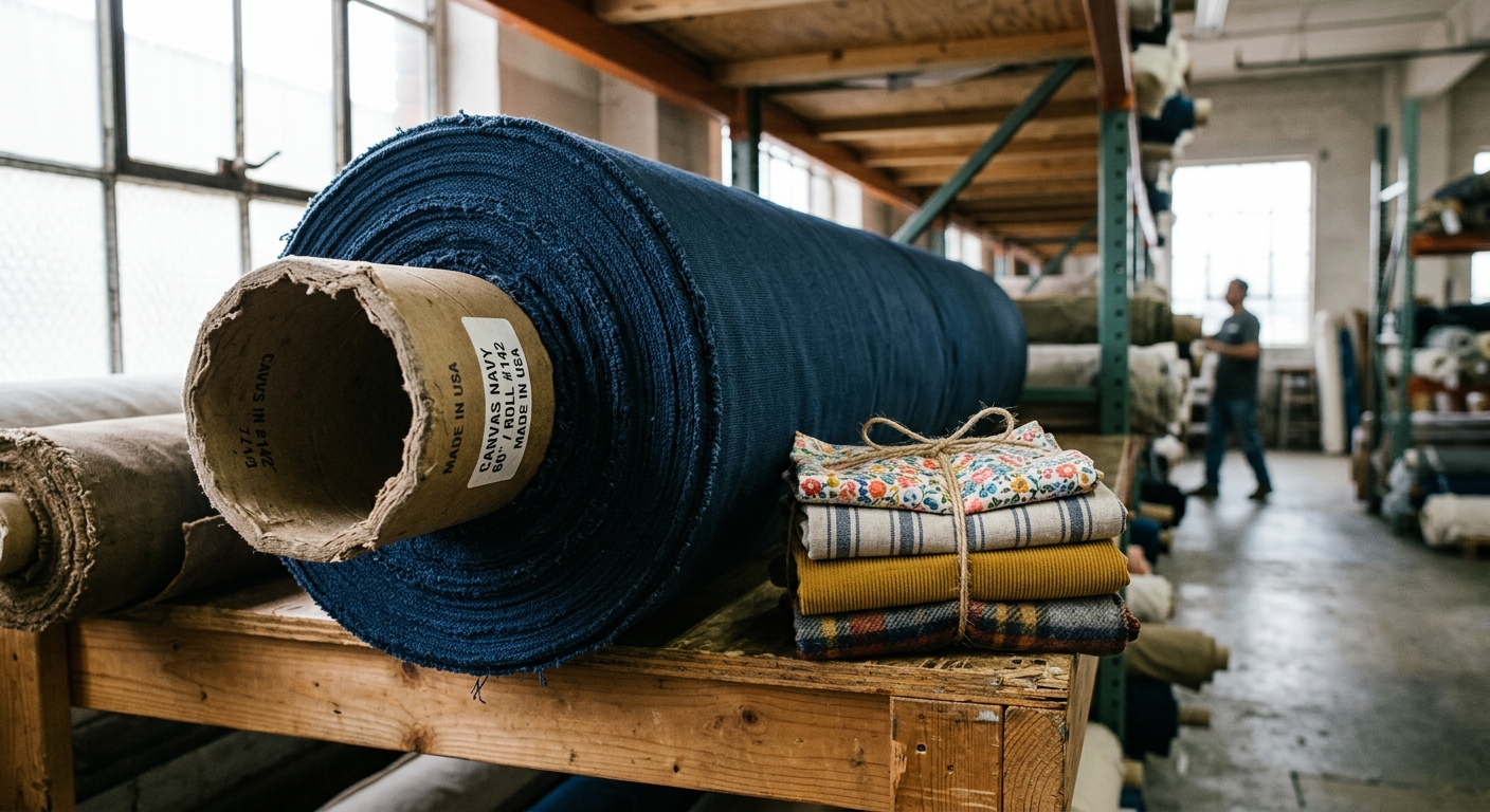 Fabric rolls of different sizes stacked in a warehouse representing small-batch versus bulk buying