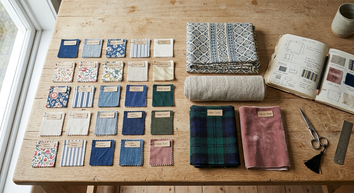 Fabric swatches and small sample yardage laid out for a startup brand design review