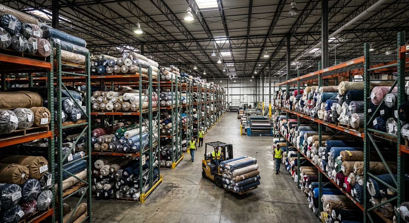 Large fabric rolls stored on industrial warehouse shelving for bulk wholesale orders