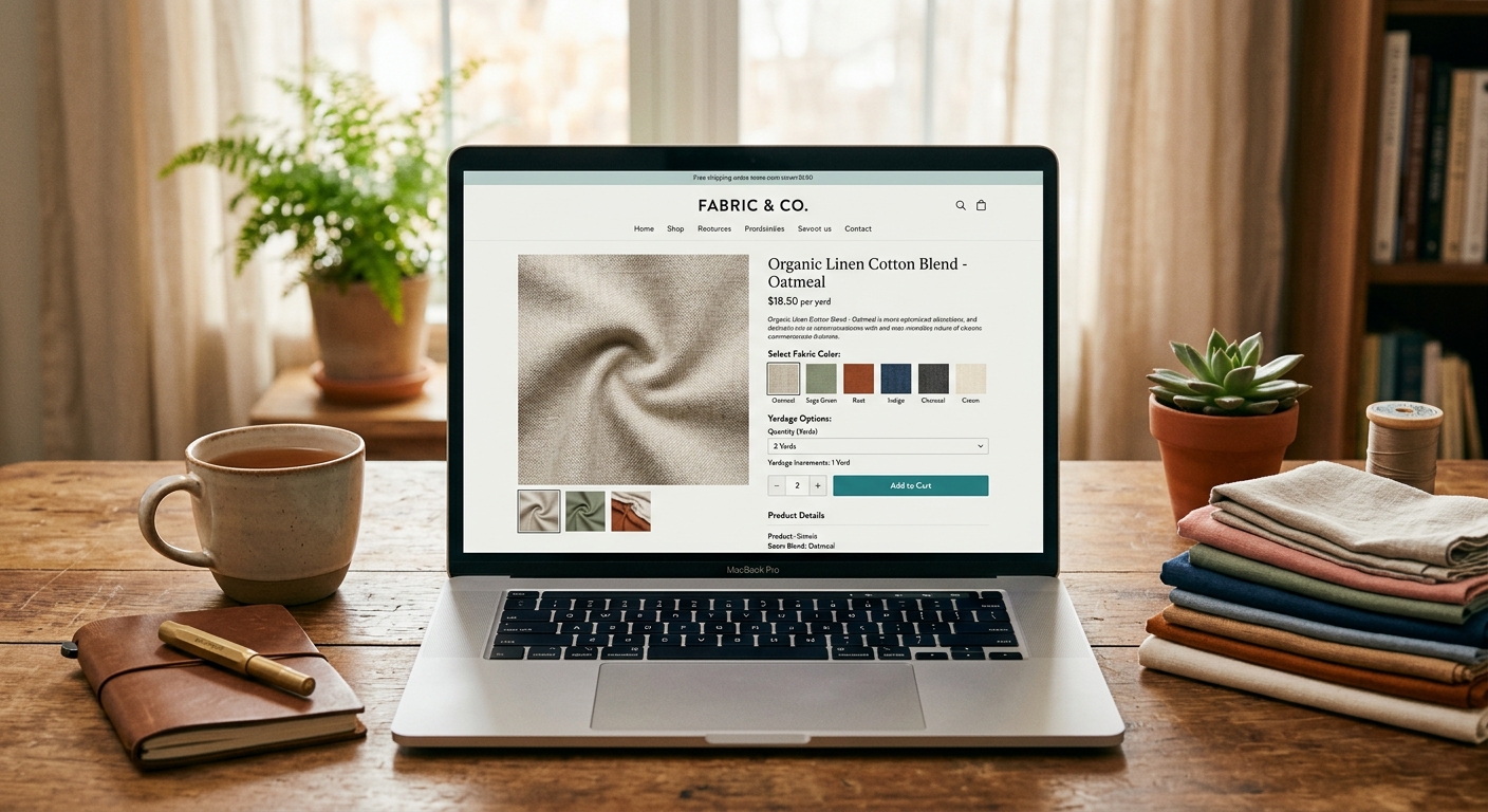 Online fabric store product page displayed on a laptop screen showing swatches and yardage options