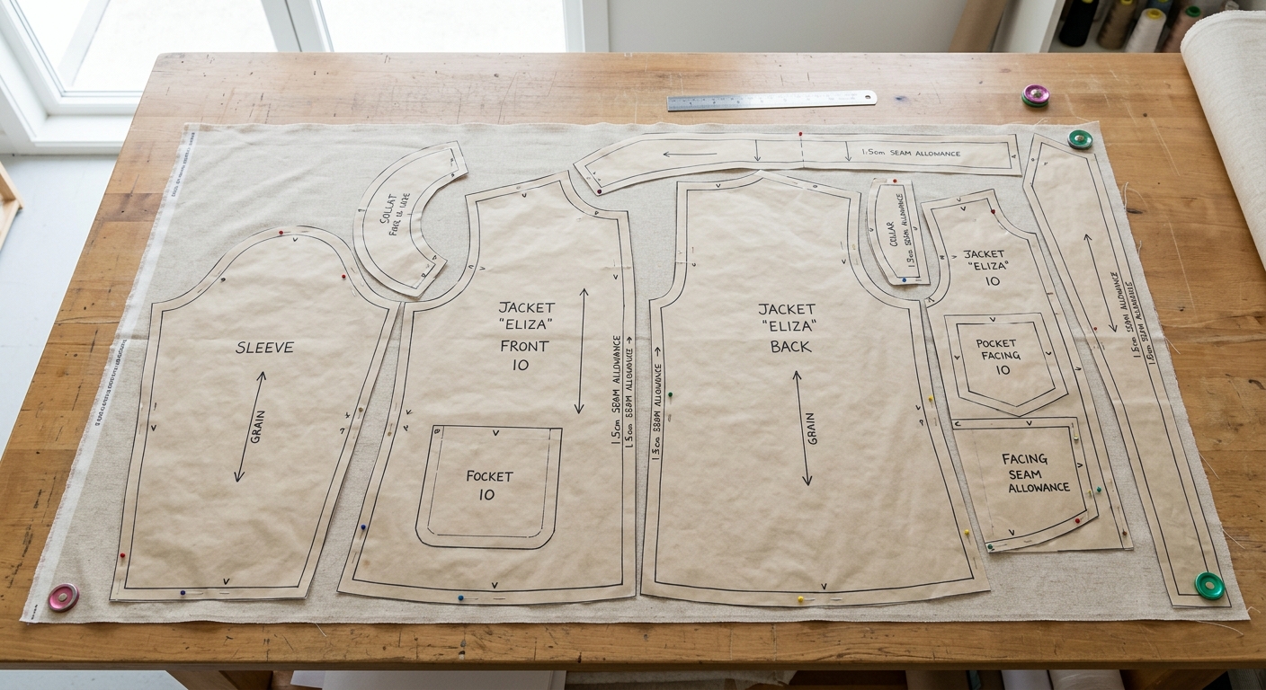 Fabric marker paper showing tightly nested pattern pieces on wide fabric