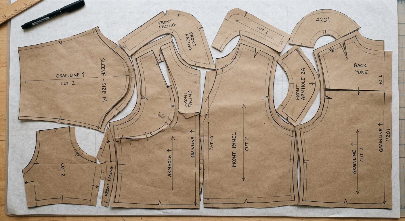 Interlocking curved garment pattern pieces nested closely together