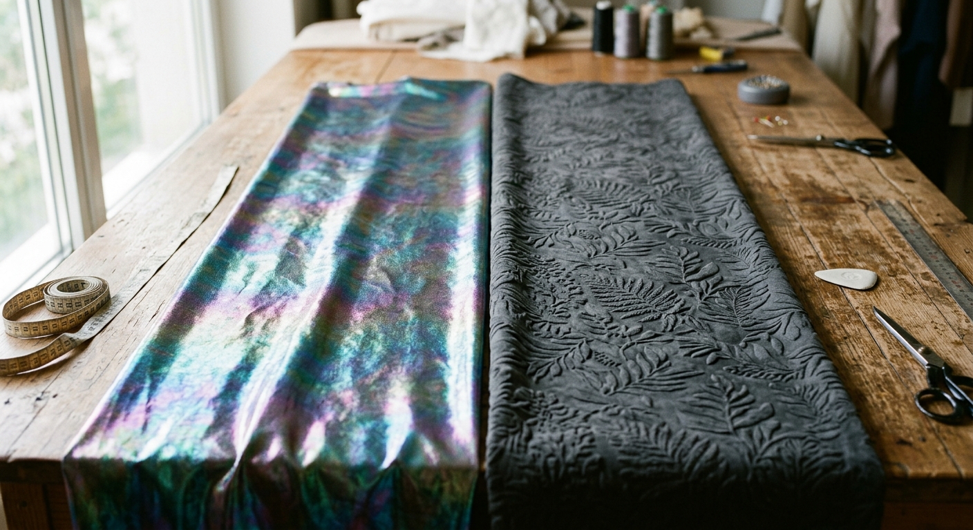 Iridescent fabric next to embossed fabric showing nesting difficulty comparison