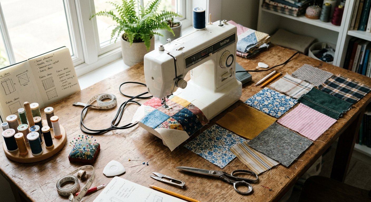 Cluttered beginner sewing table with varied fabric textures next to a sewing machine