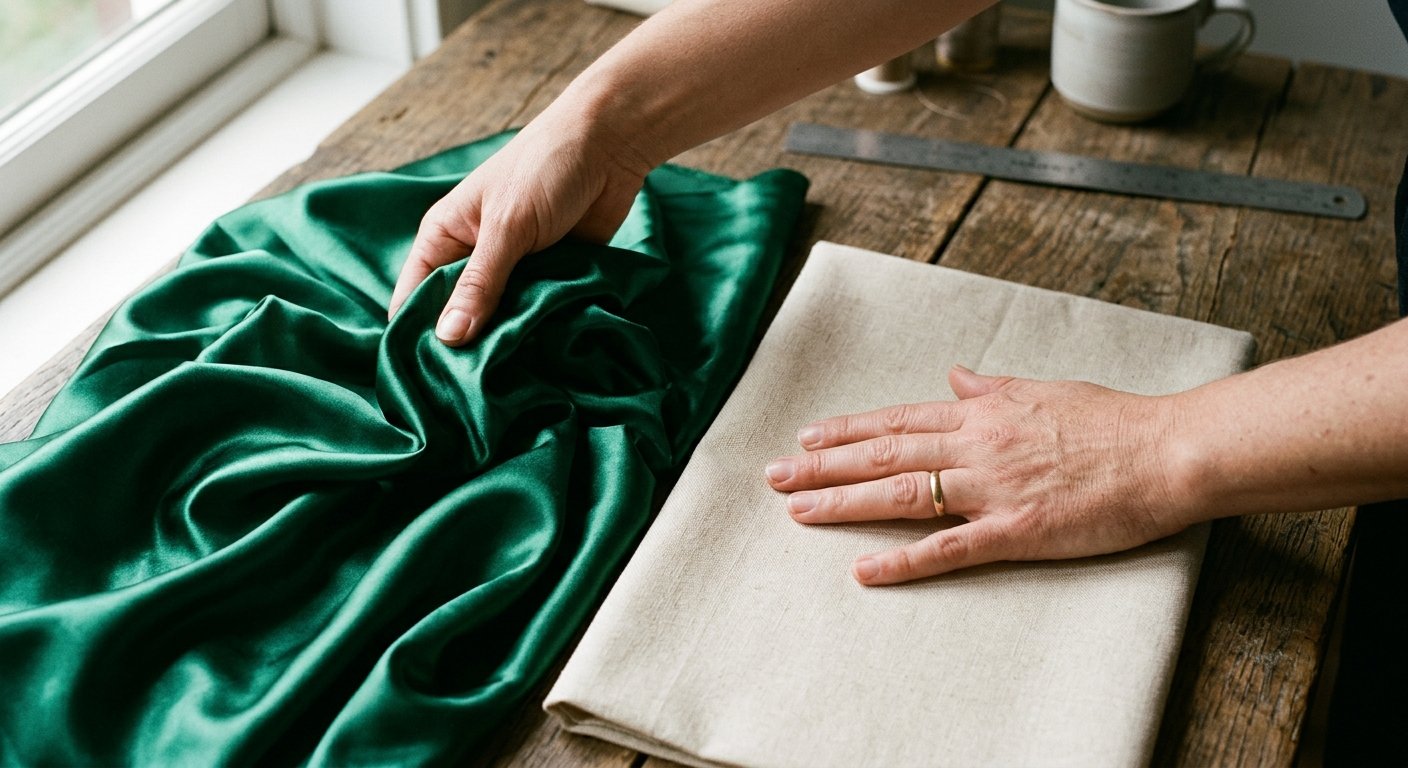 Slippery satin fabric sliding and bunching next to a stable flat cotton fabric