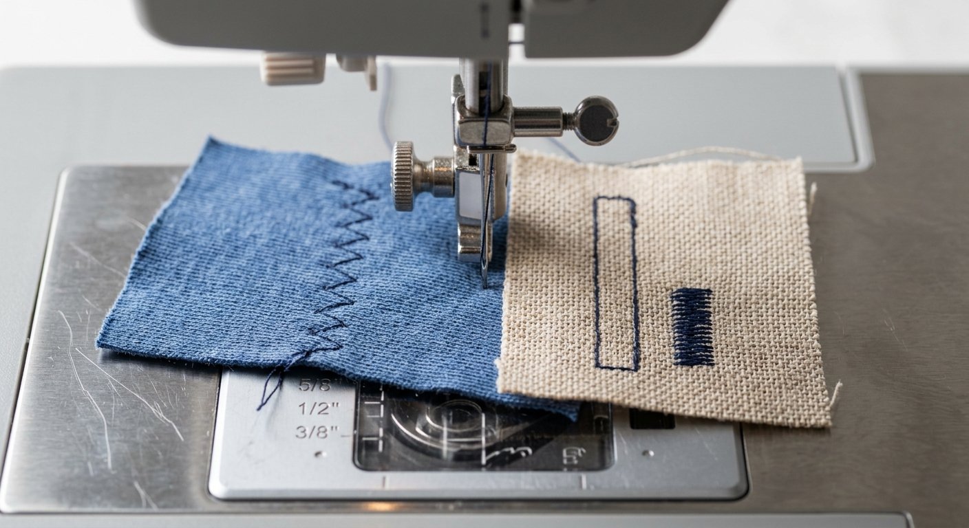 Macro view of a sewing machine needle beside knit and woven fabric swatches with test stitches
