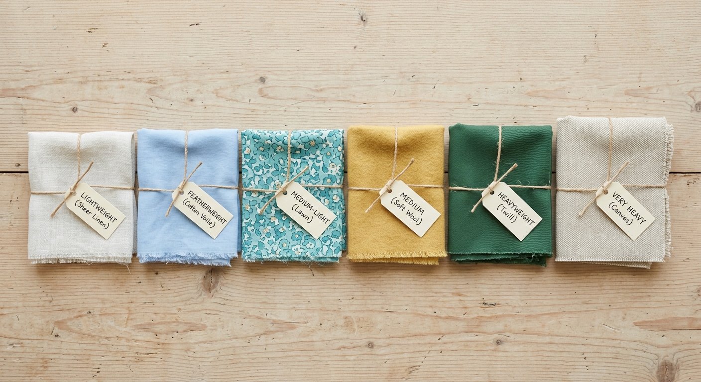Folded fabric swatches arranged by weight from lightweight to heavy on a flat surface