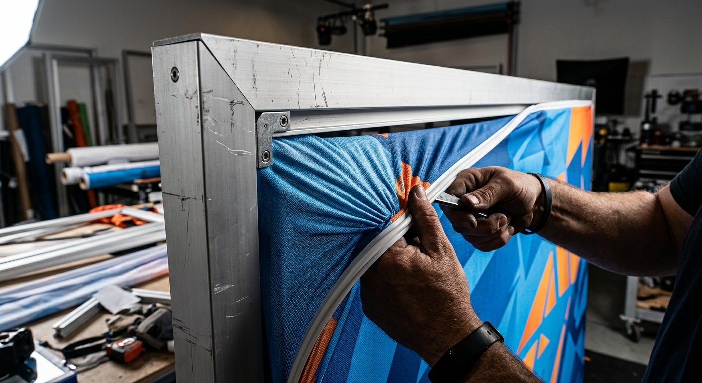 Close-up of stretch polyester fabric tensioned onto a trade show display frame