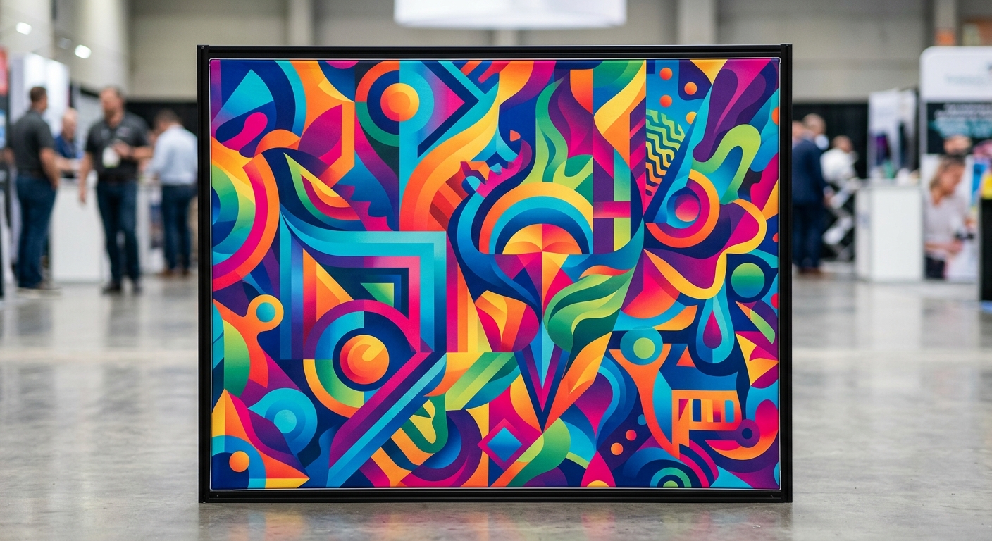 Dye-sublimated logo graphic printed in vivid color on stretch polyester trade show fabric