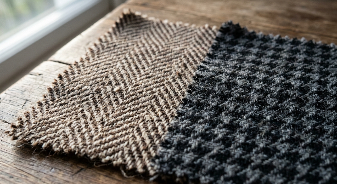 Macro close-up of herringbone and houndstooth weave texture showing diagonal twill structure