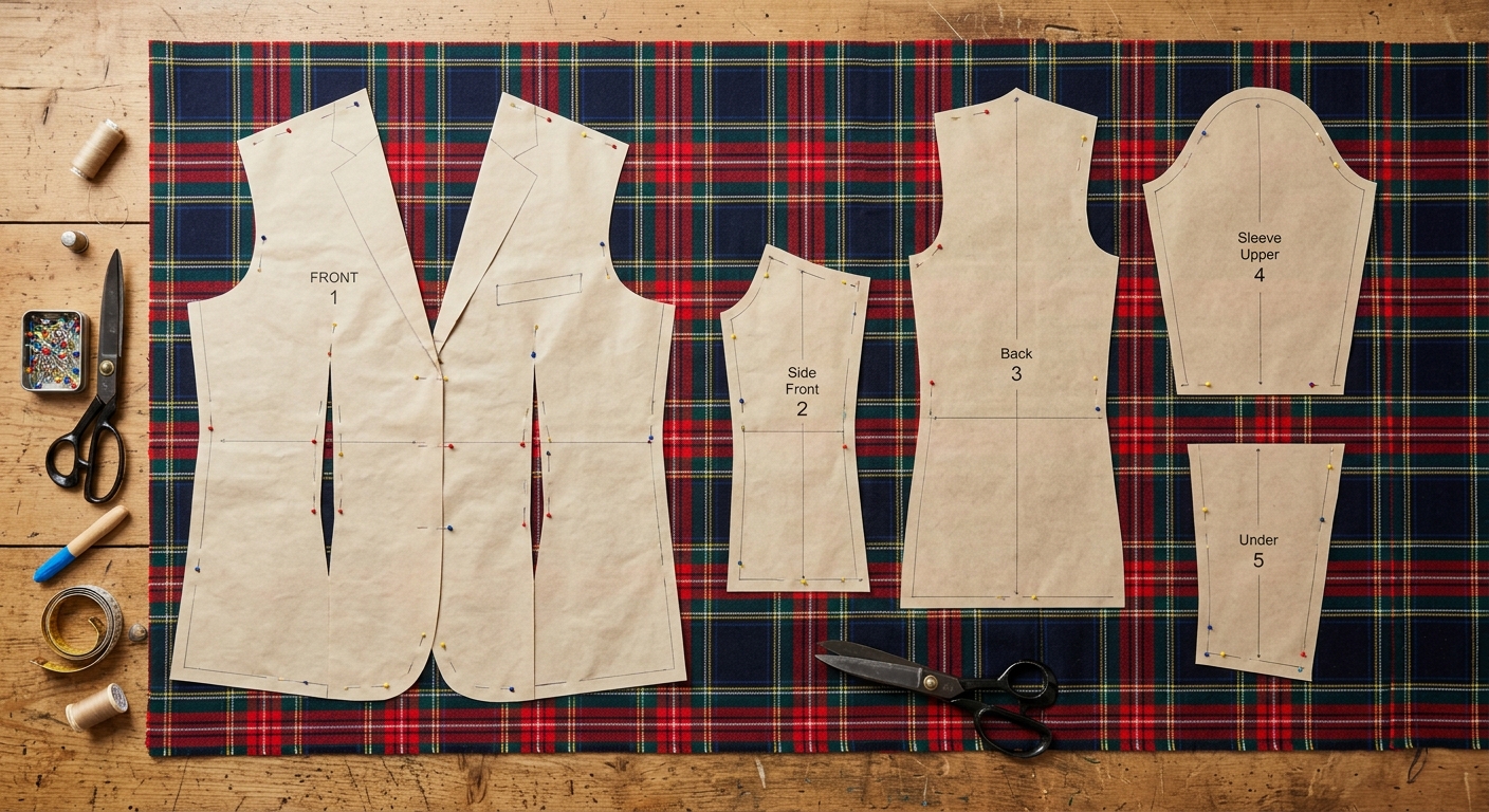 Plaid fabric pattern pieces pinned and matched on a tailor cutting table