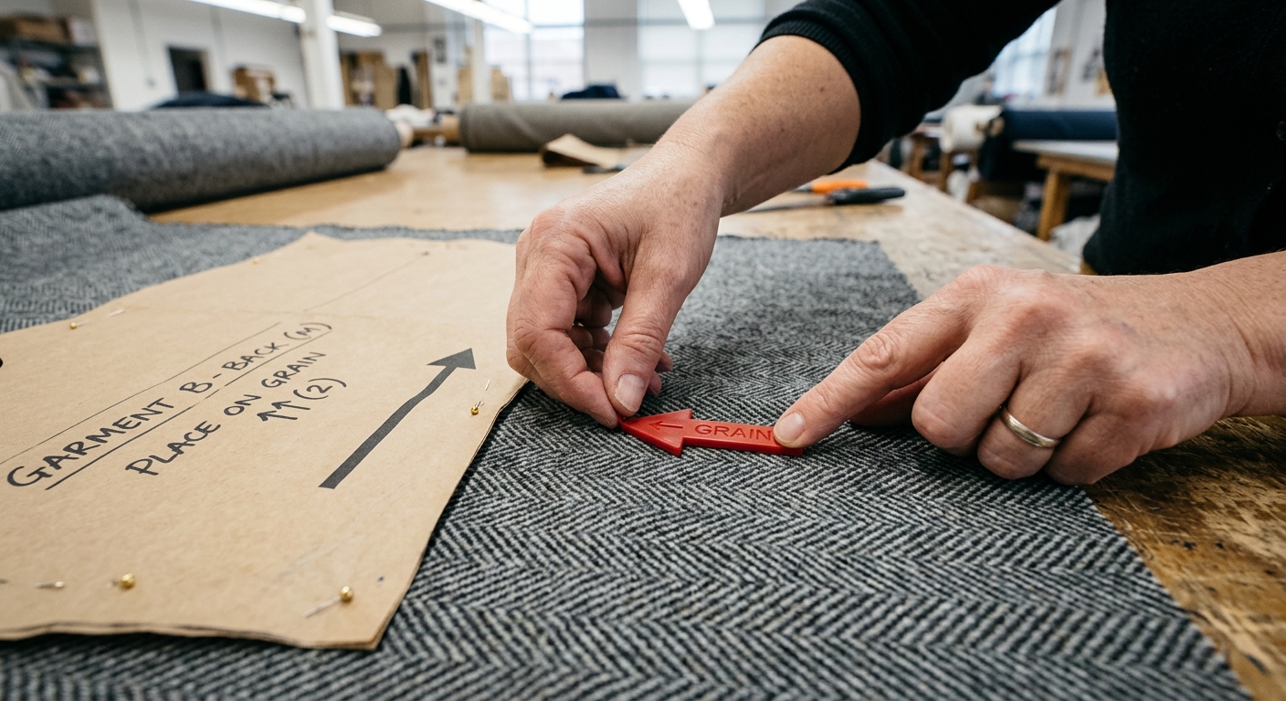 Cutting room worker marking directional arrow on herringbone fabric pattern piece