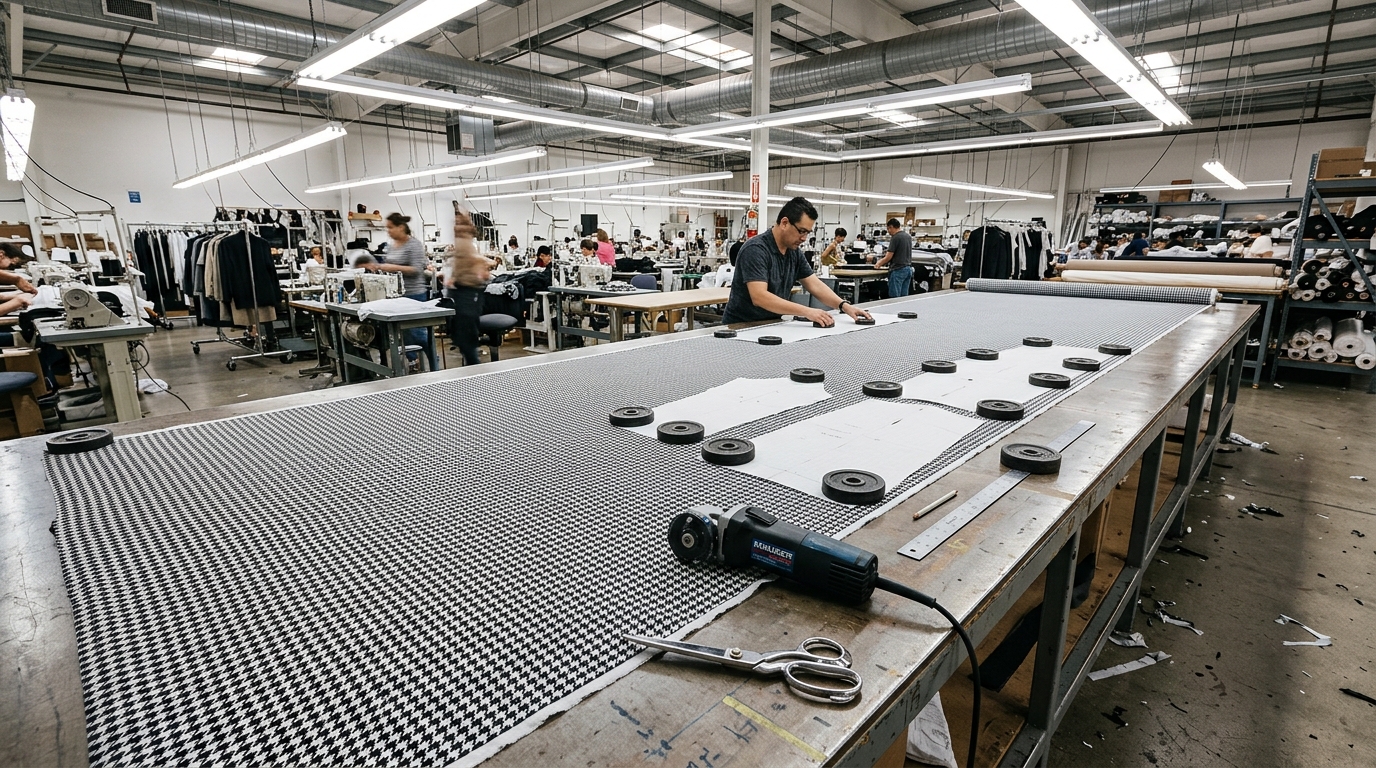 Single layer of houndstooth fabric laid flat on industrial cutting table for precision cutting