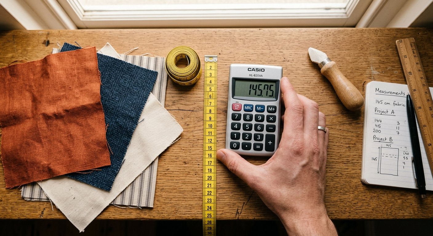 Calculator and measuring tape used to compute price per square yard
