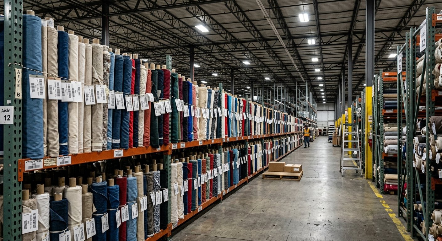 Fabric bolts of varying widths lined up in a warehouse