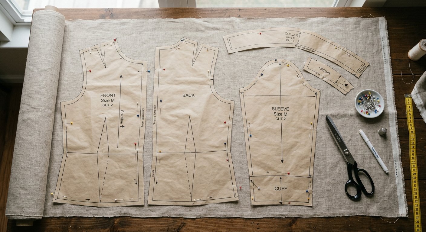 Hoodie pattern pieces laid out on wide fabric for cutting