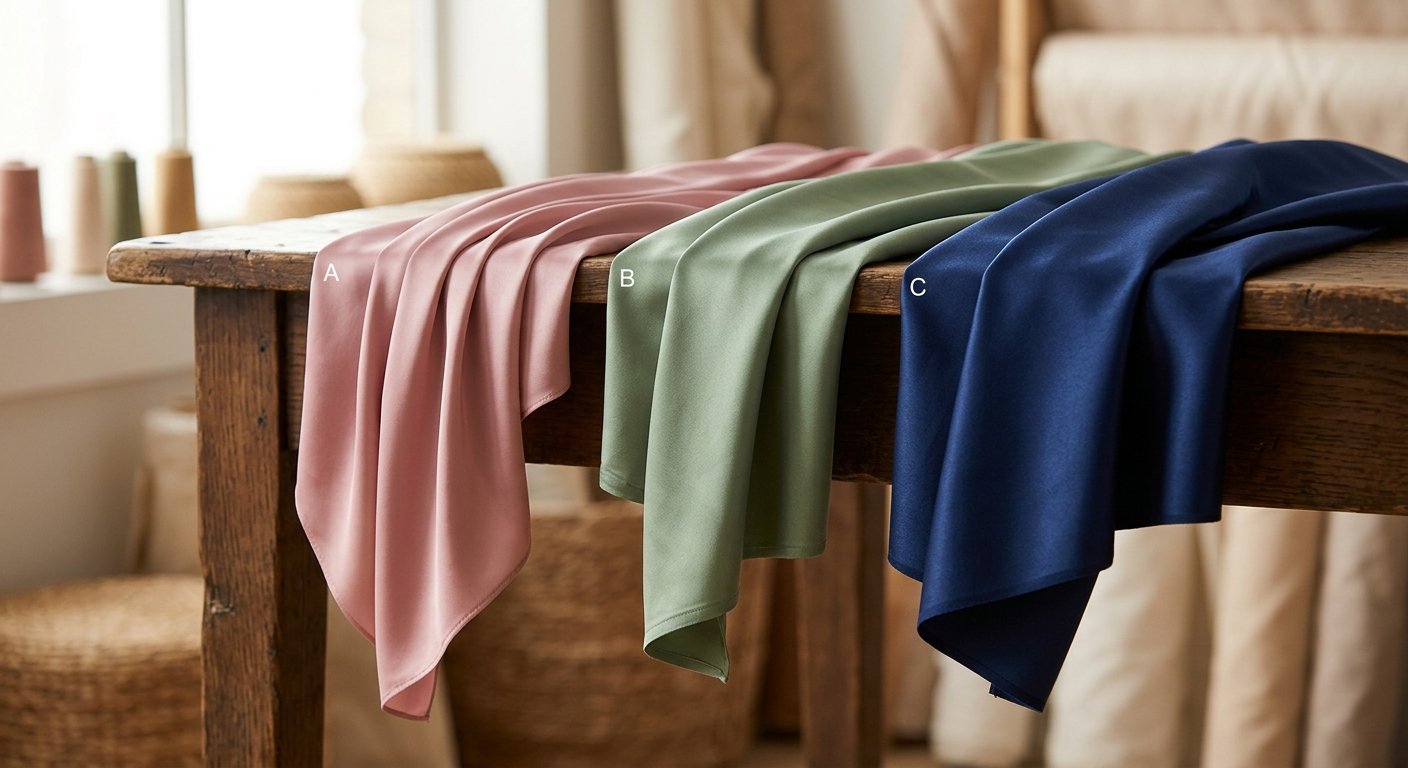 Close-up of three satin fabric swatches draped off a table edge showing different fold stiffness