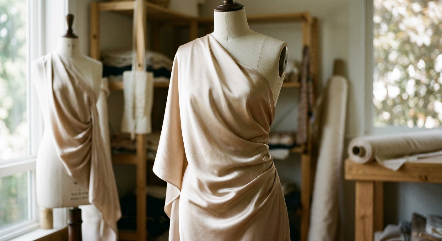 Flowing bias-cut charmeuse fabric draped over a mannequin torso showing liquid-like movement