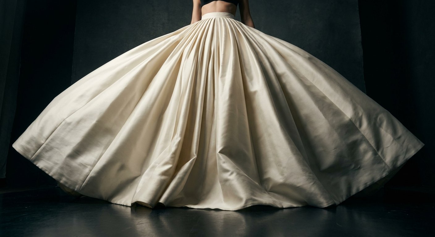 Structured ballgown skirt made from duchess satin holding stiff folds