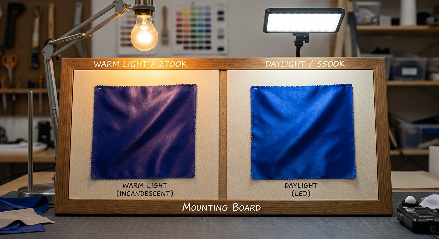 Two satin swatches compared side by side under warm and daylight lighting