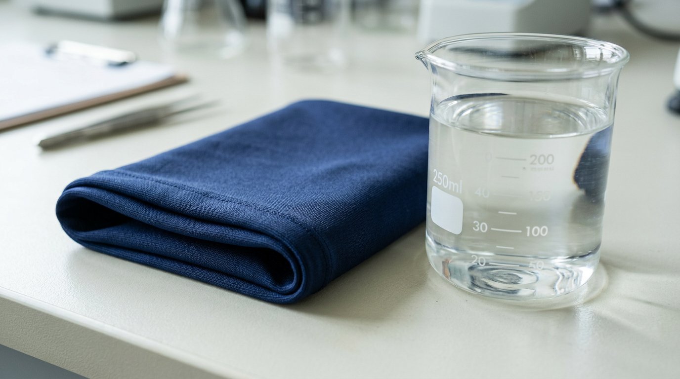 Navy swimwear knit folded beside a glass beaker of water on a laboratory bench