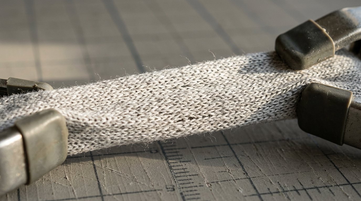 Macro view of a stretch knit being gently pulled to show its loop structure