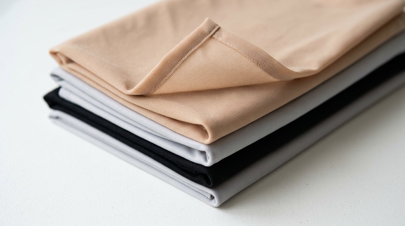Stack of swimwear lining fabrics in nude, black and pale grey with one corner lifted