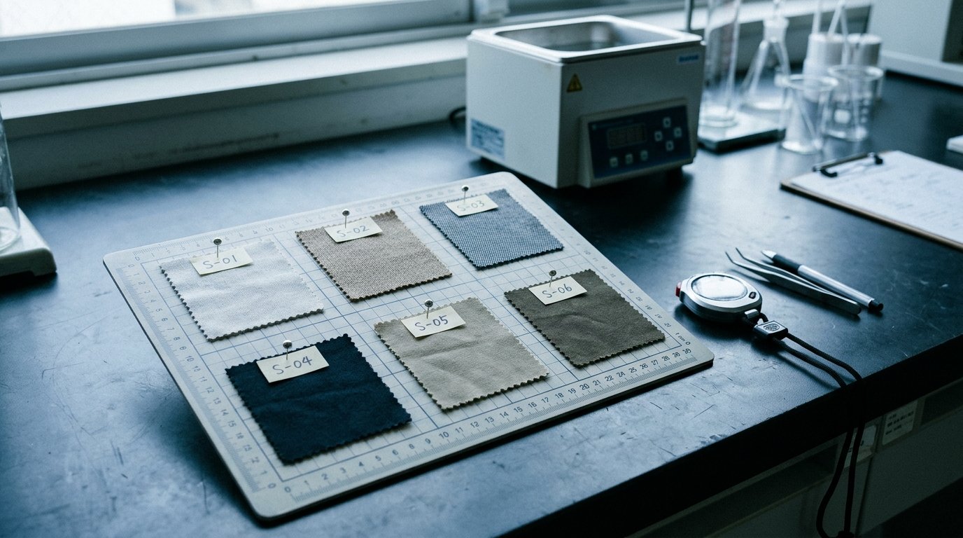 Labelled fabric swatches pinned to a measurement board with a stopwatch and water bath behind